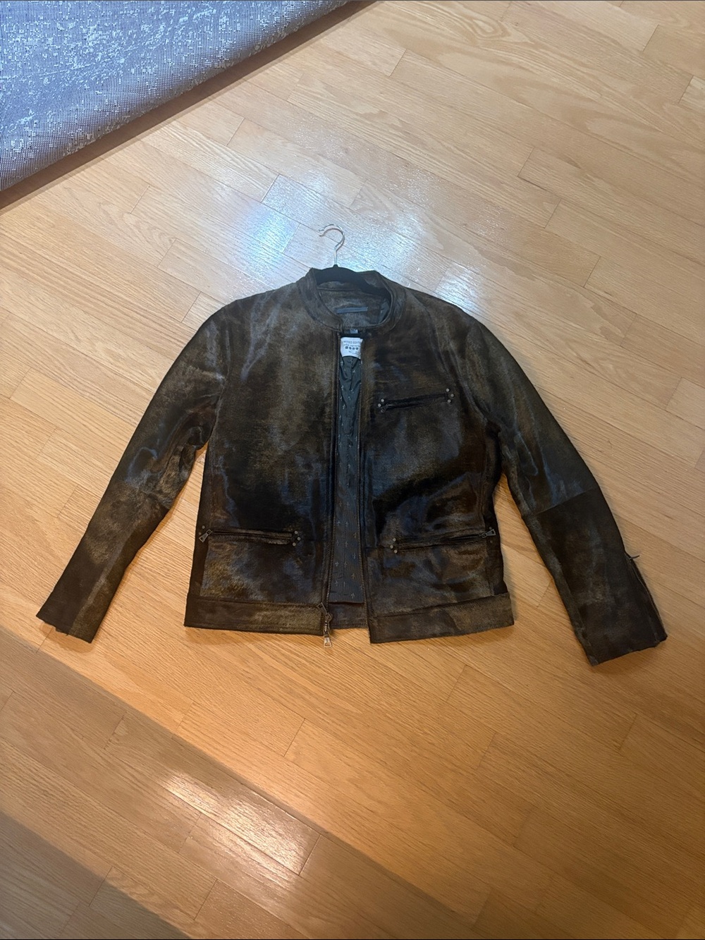 John Varvatos Distressed Brown calfskin hair Bomber Jacket